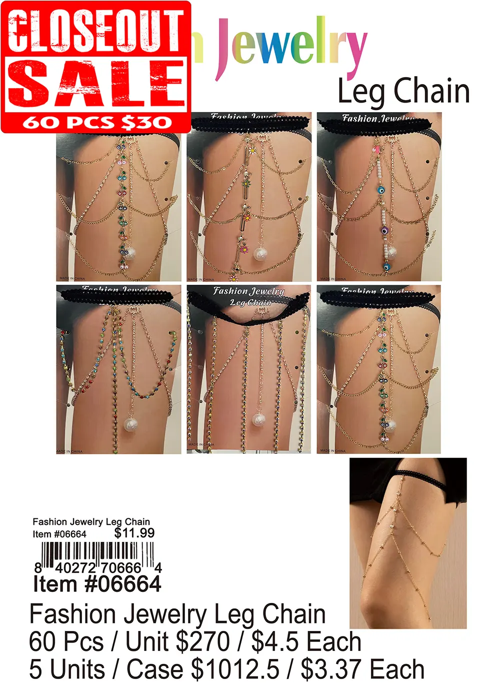 Fashion Jewellry Leg Chain - Closeout 60 Pcs.